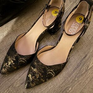 Franco Sarto Black and Gold Floral Heels